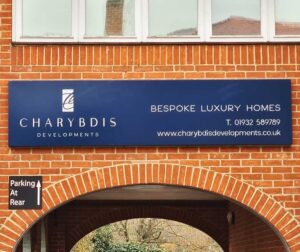 Illuminated building sign for Charybdis Developments in Godalming by Bluedot Display