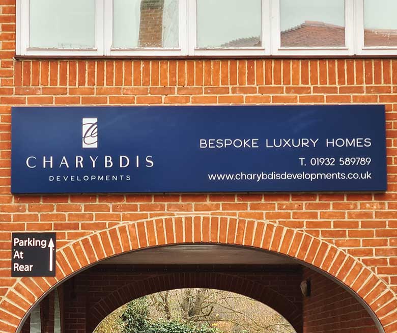 Illuminated building sign for Charybdis Developments in Godalming by Bluedot Display