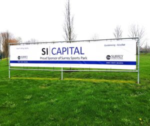 SI Capital PVC banner by Bluedot Display outside the Surrey Sports Park in Guildford