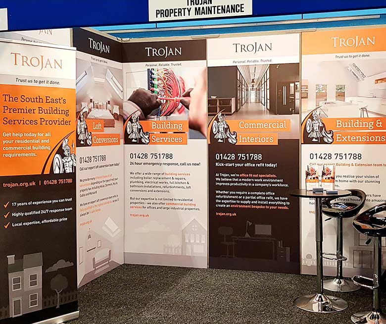 Foamex exhibition signs for Trojan Property Maintenance by Bluedot Display