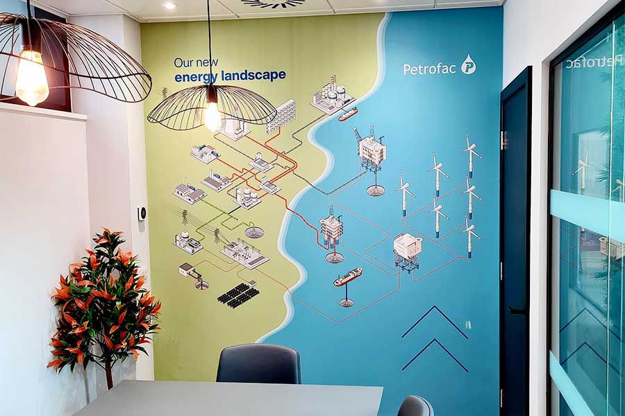 Seamless Polycril full colour office wall graphics in a meeting room at Petrofac in Woking