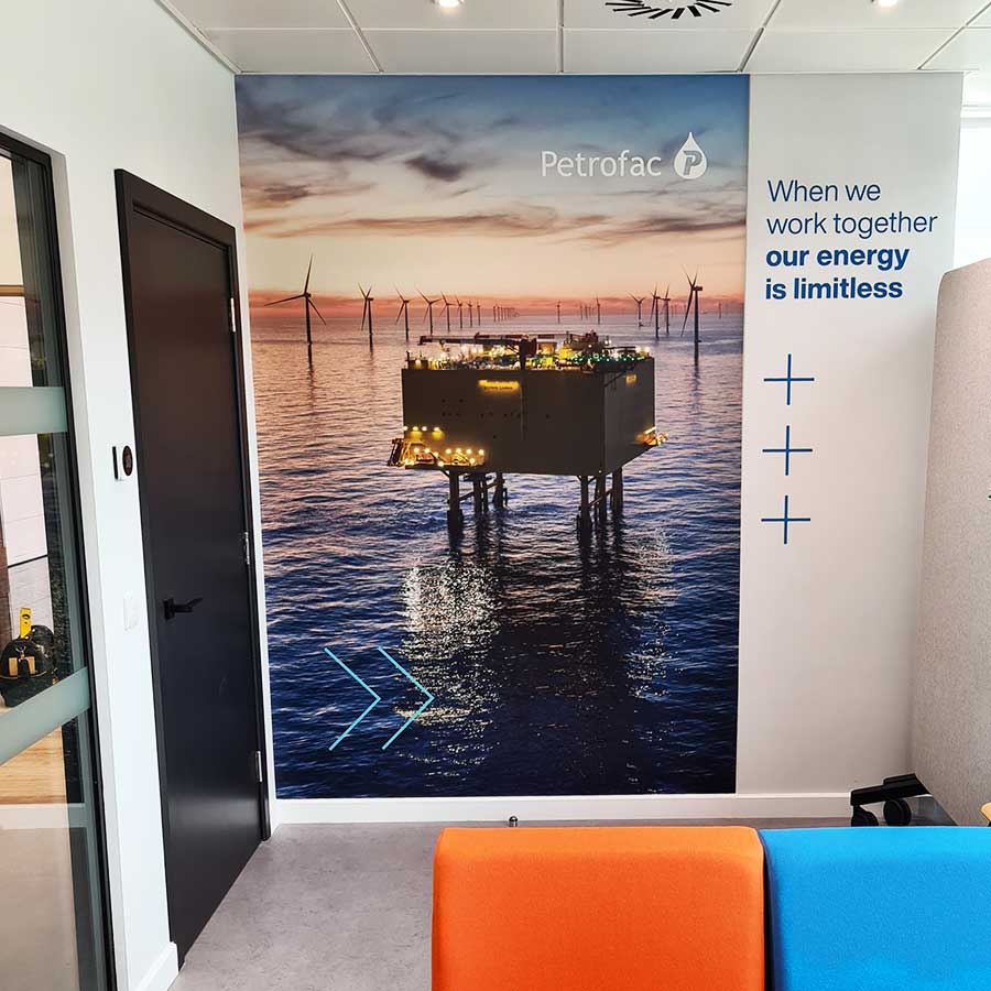 Vinyl full color office graphics by Bluedot Display at the Petrofac offices in Woking