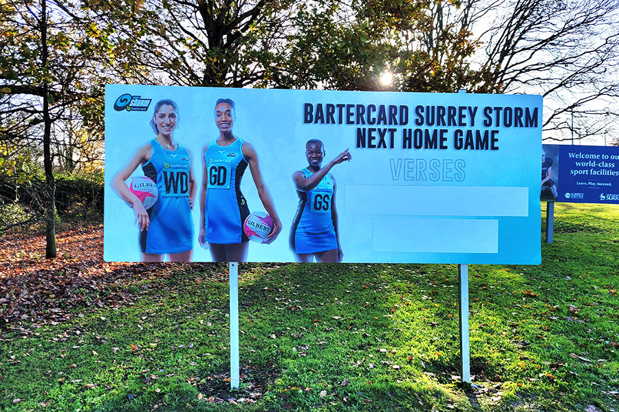 Large format printed vinyl graphics for the Surrey Storm Netball team created by Bluedot Display for a large aluminium sign outside of Surrey Sports Park in Guildford