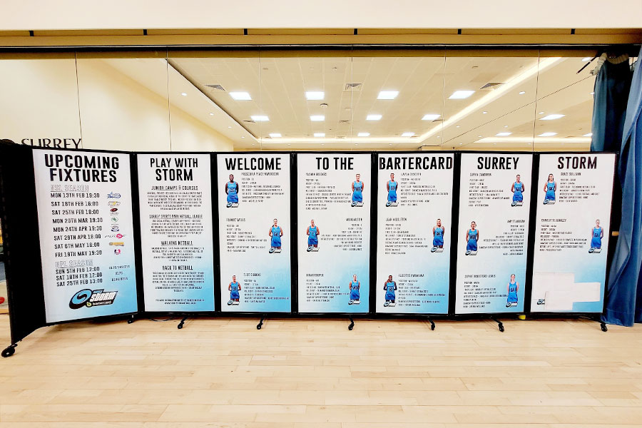 Large display board with foamex printed boards advertising the Surrey Storm Netball Team at Surrey Sports Park