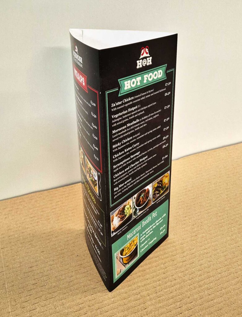 Free-standing menus printed for a restaurant in Surrey