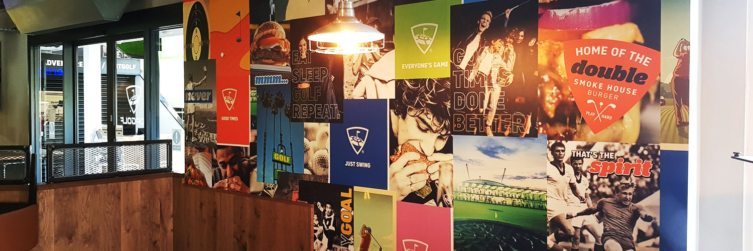 Seamless vinyl full wall graphics created for TopGolf by Bluedot Display