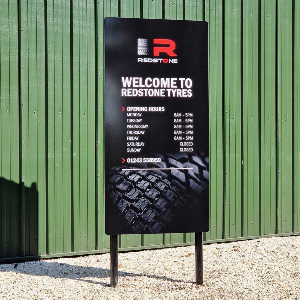 Out door aluminium business entrance sign created for Redstone Tyres