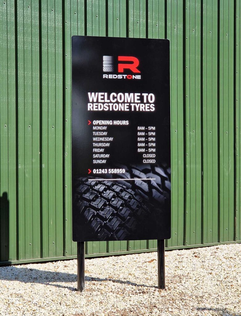 Dibond signs created by Bluedot Display for Redstone Tyres in Arundel West Sussex