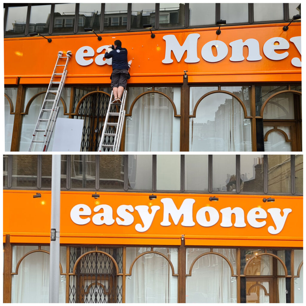 Installing shop signs for Easy Money Group