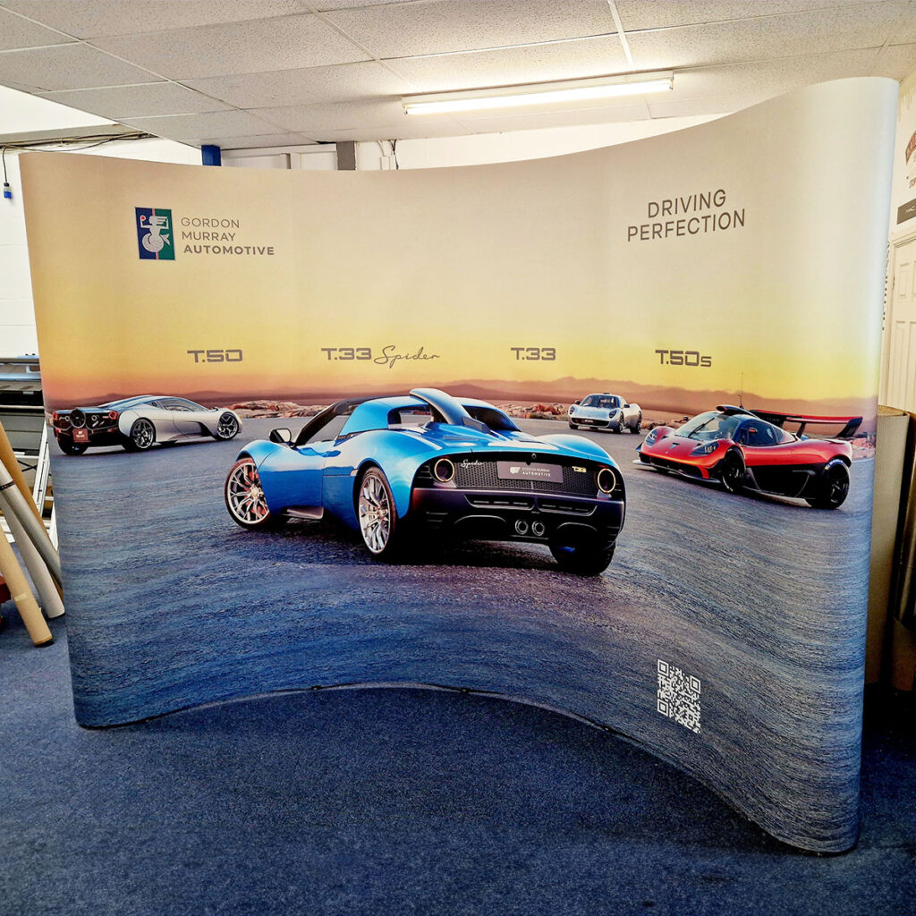 Large pop up stands created for Gordon Murray Automotive by Bluedot Display for the launch of the T50 and T33 sports cars