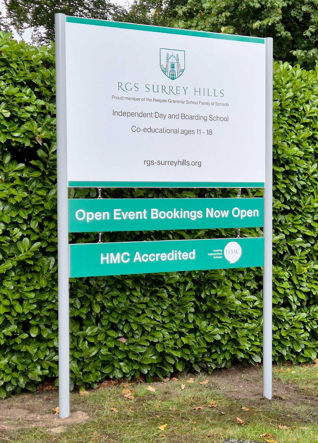 Large branded Dibond sign for the entrance to RGS Surrey Hills Independent School in Boxhill Surrey printed and installed by Bluedot Display