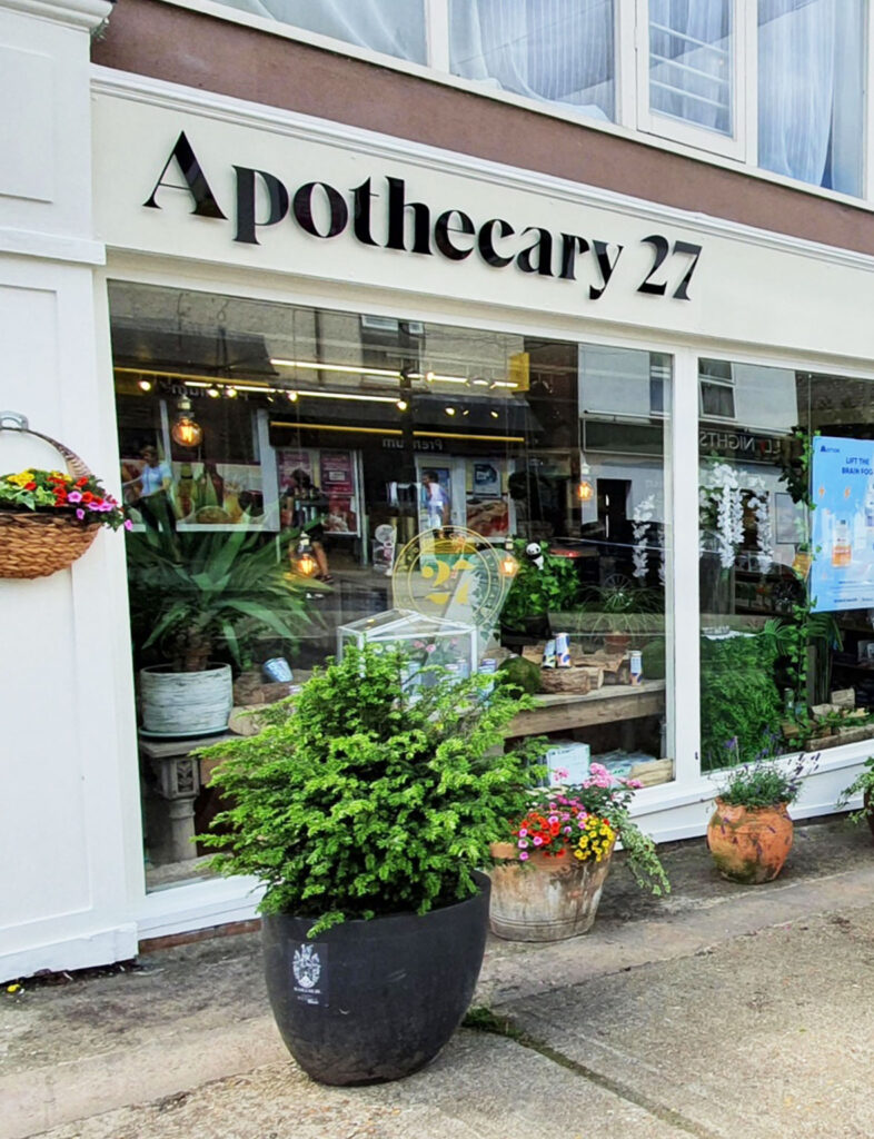 Shop sign with acrylic raised lettering for Apothecary 27 in Haslemere