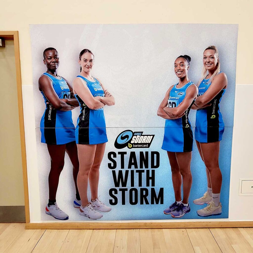 Foamex board printed by Bluedot Display showing the Surrey Storm netball team