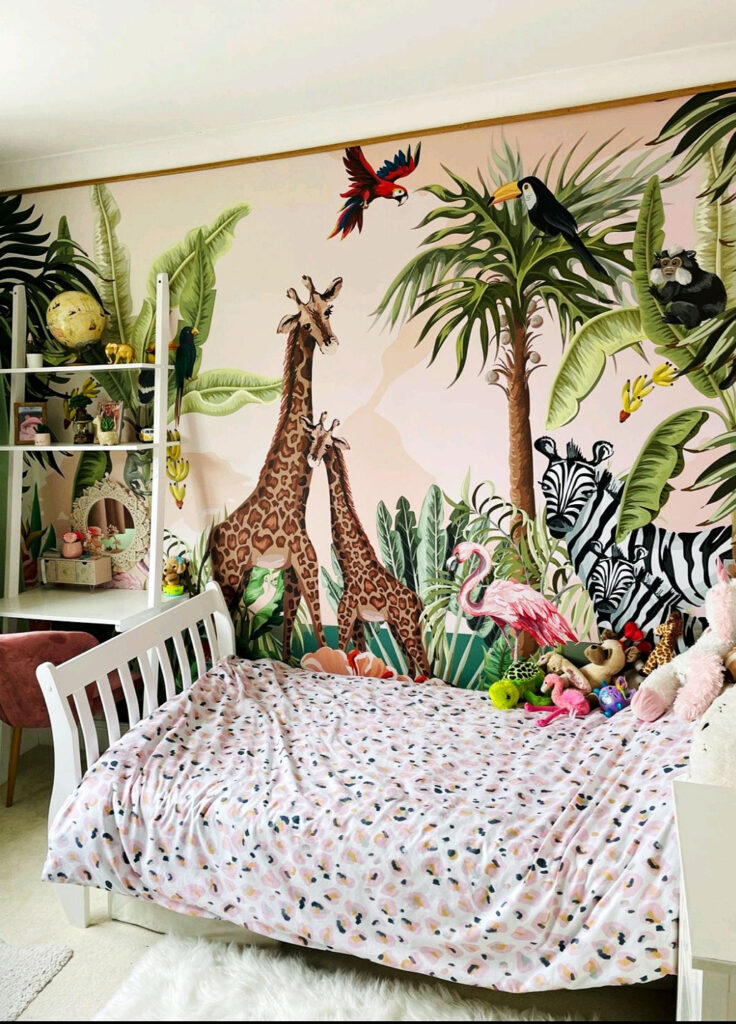 Full wall graphics with a jungle scene created for a childs bedroom wall