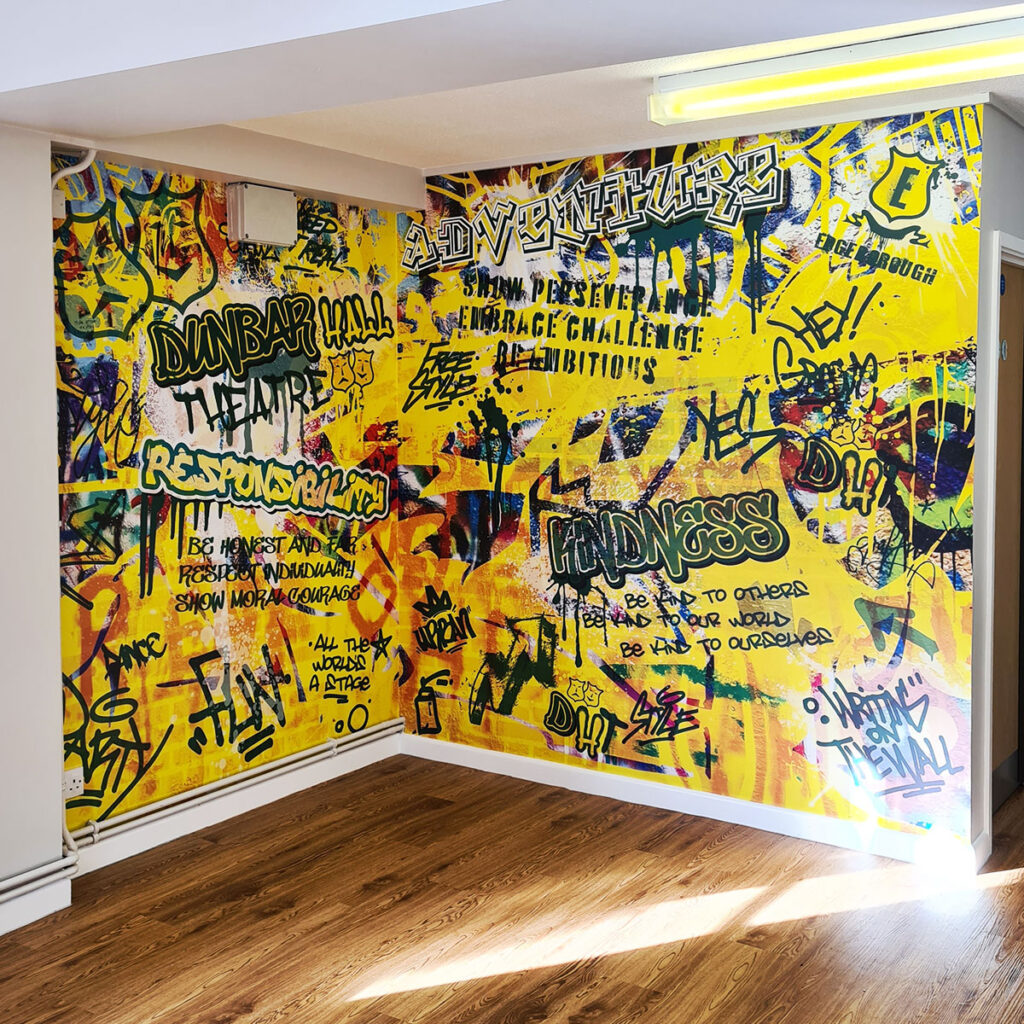 Grafitti style vinyl full wall wraps created by Bluedot Display