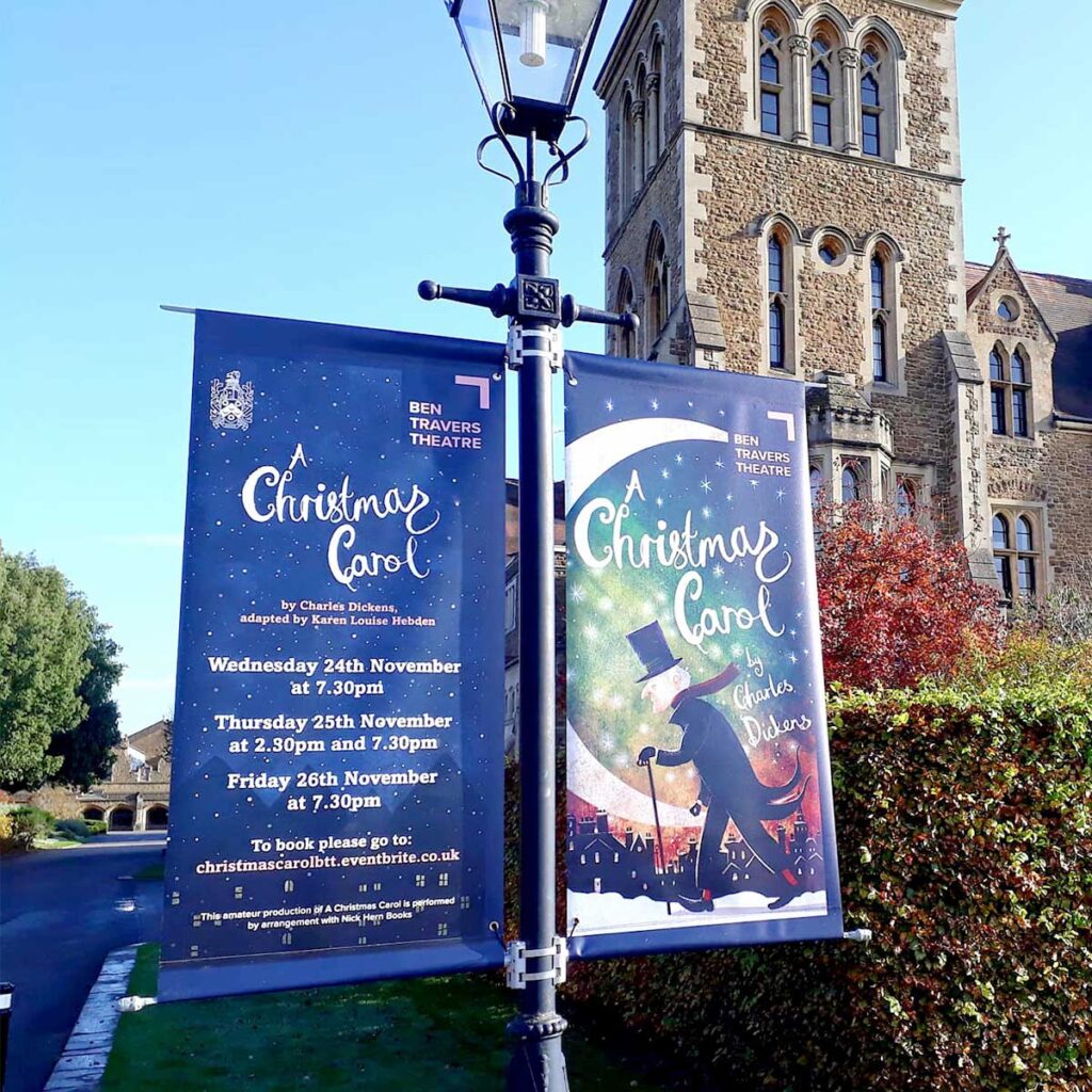 Festive hanging flags created by Bluedot display for a Christmas event in Surrey