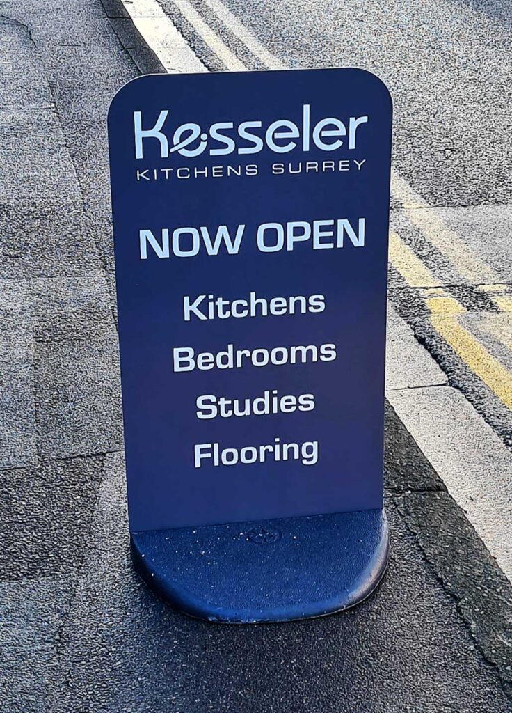 Flexible pavement signs with water base created for Kesseler Kitchens in Surrey by Bluedot Display