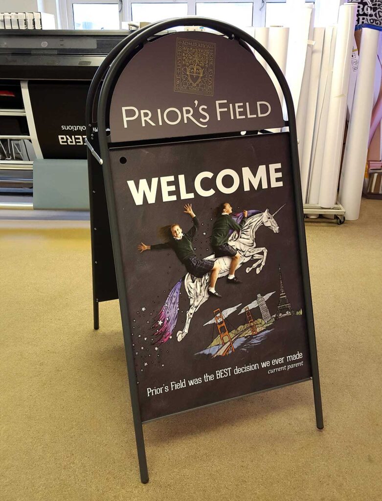 Welcome pavement sign created for Priorsfield School in Godalming Surrey by Bluedot Display