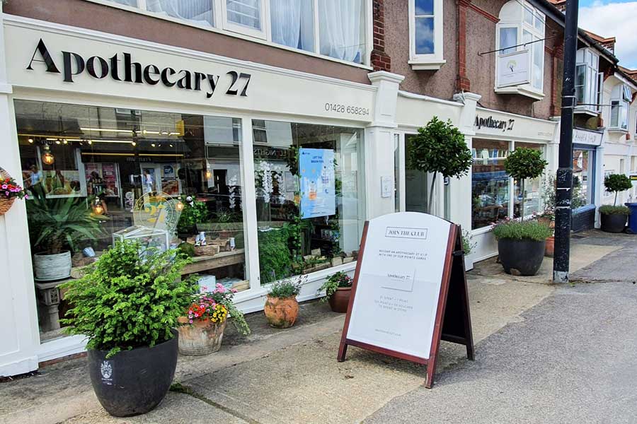 Pavement sandwich board by Bluedot Display for Apothecary 27 in Haslemere Surrey