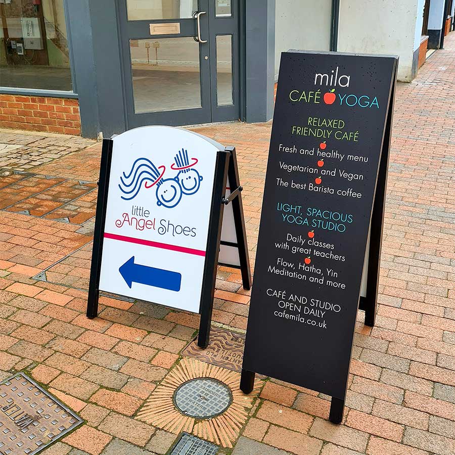 Pavement signs created for businesses in Godalming Surrey by Bluedot Display