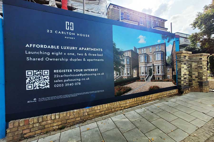 Large vinyl exterior wall graphics created to advertise a new development of luxury homes in Surrey