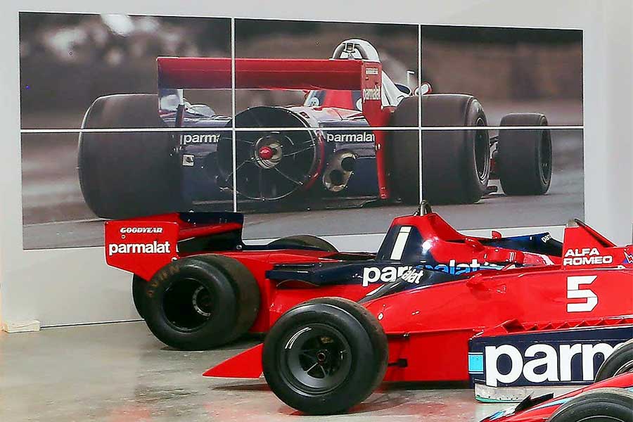 Image of a Brabham Formula 1 car printed on Foamex boards by Bluedot Display for an exhibition at Gordon Murray Design in Surrey