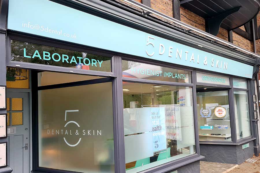 Shops Fascia sign and branding with raised lettering for 5 Dental and Skin in Godalming